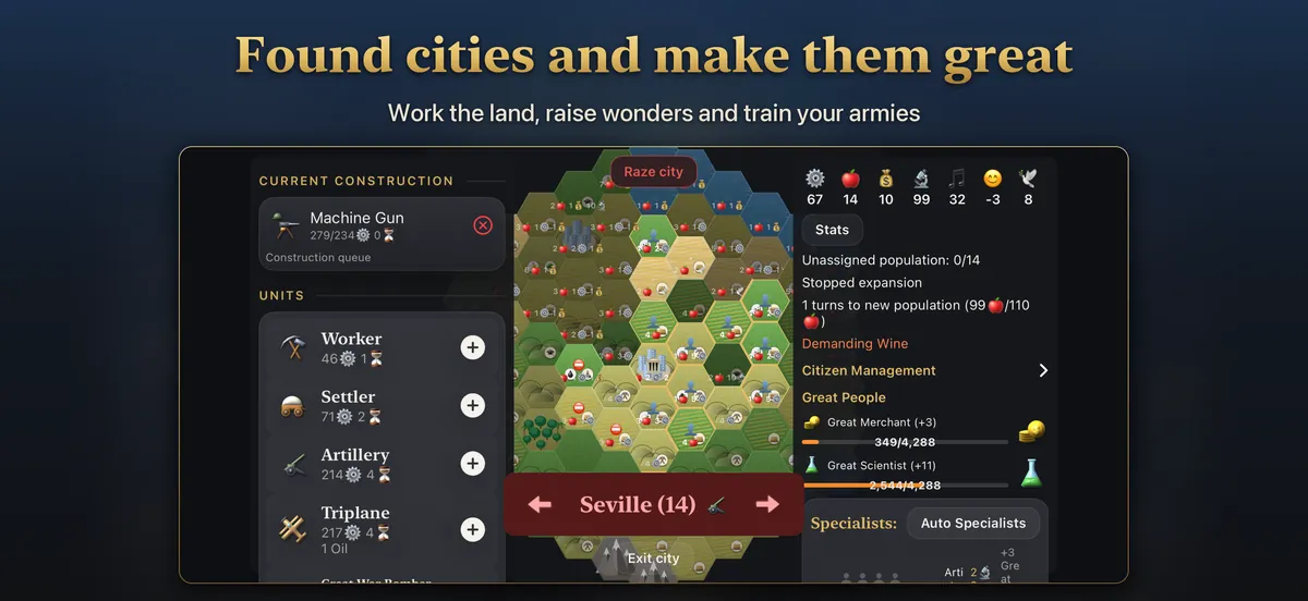 A city screen with its tiles, buildings and units