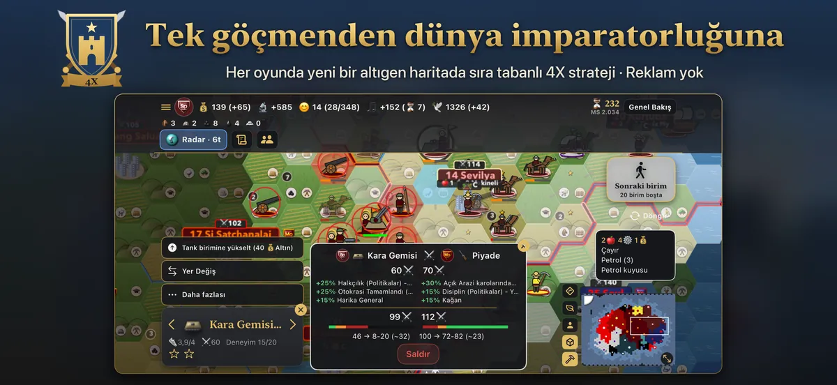 Altıgen haritada bir savaş: bir zırhlı araç bir şehrin yakınında piyadeye saldırıyor