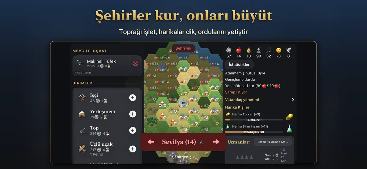 Karoları, binaları ve birimleriyle bir şehir ekranı